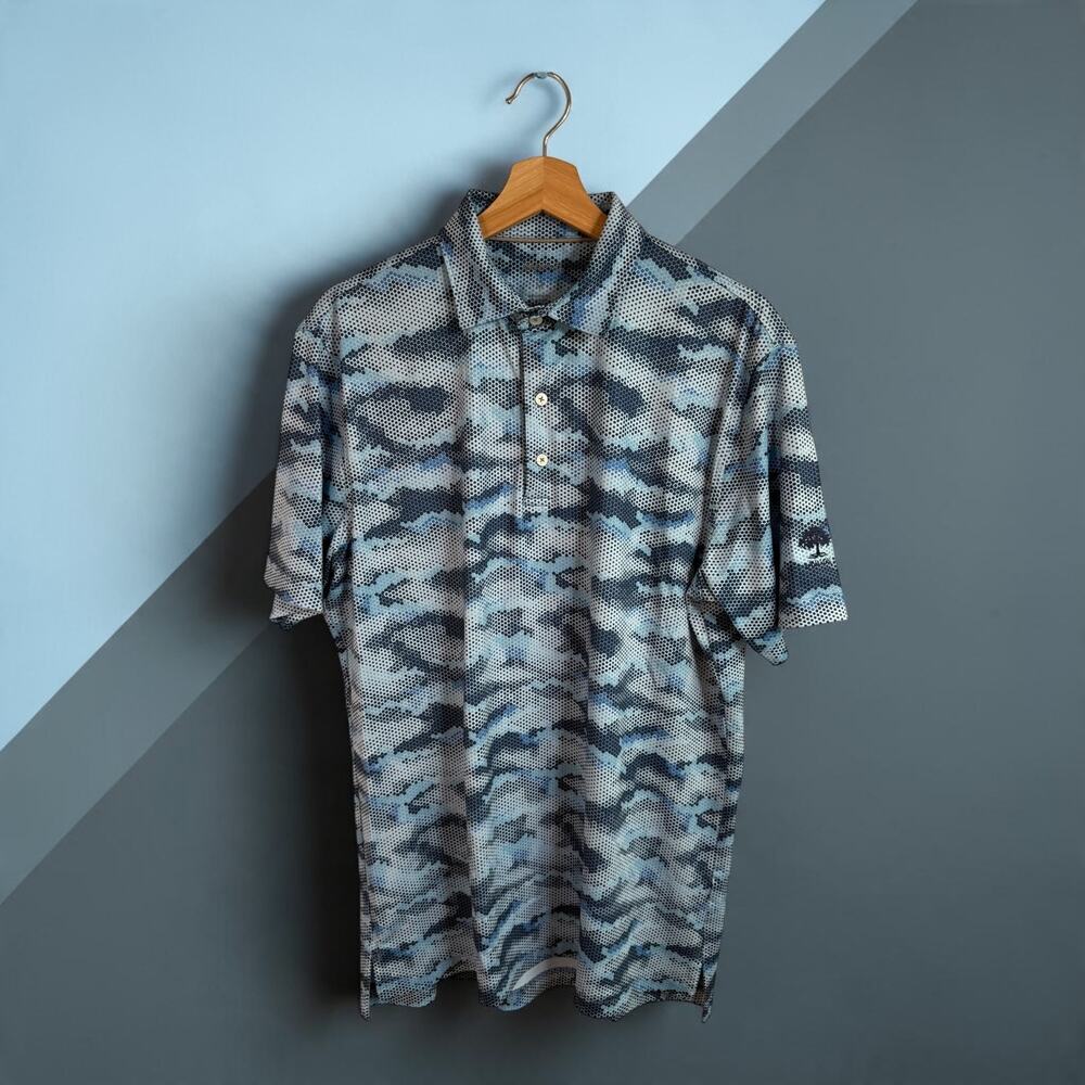 Johnnie-O Men's Medium Blue Camo S/S Performance Polo Shirt Avalon Warren Ohio